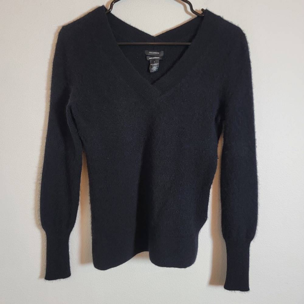 Halogen Womens Black 100% Cashmere V-Neck Pullover Sweater Small Long Sleeve